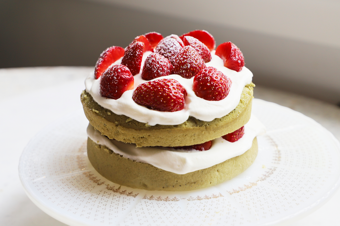 Strawberry Studded Matcha Angel Food Cake